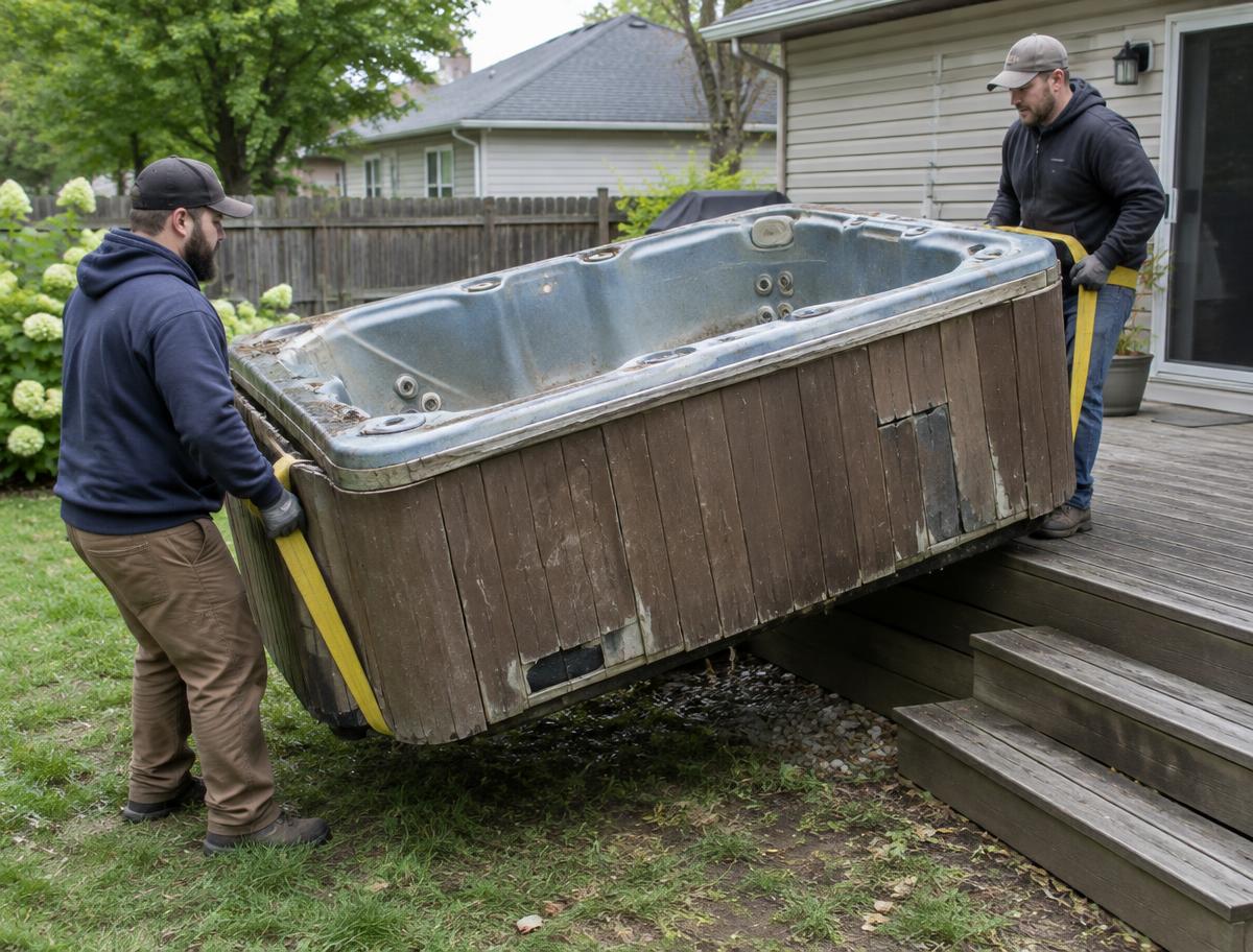 Two workers removing an old hot tub from a backyard deck